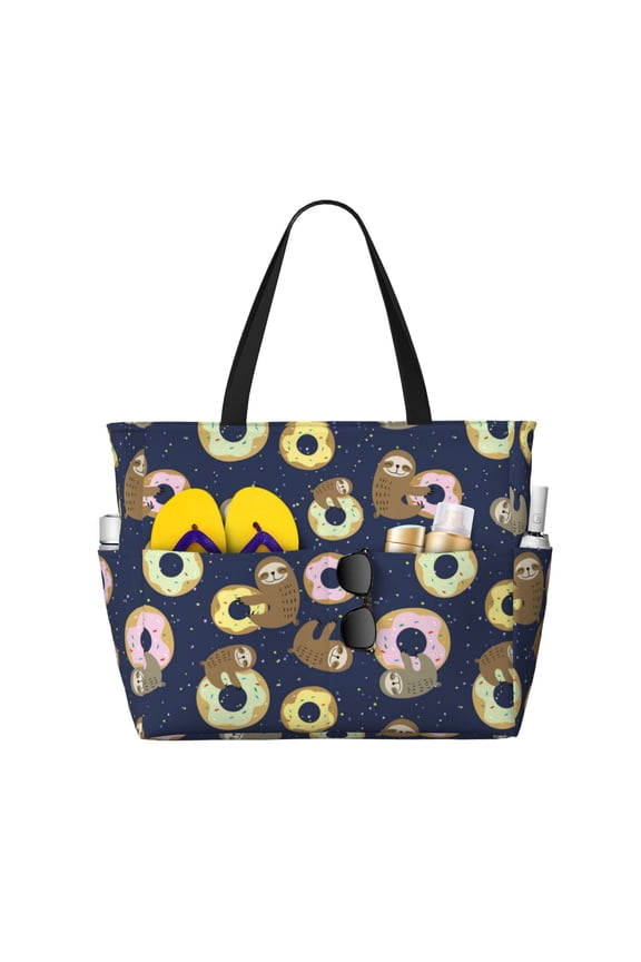 Large Beach Bags Water-resistant Sandproof - Donut Sloth Print Cute Beach Tote Bags for Women with Zipper