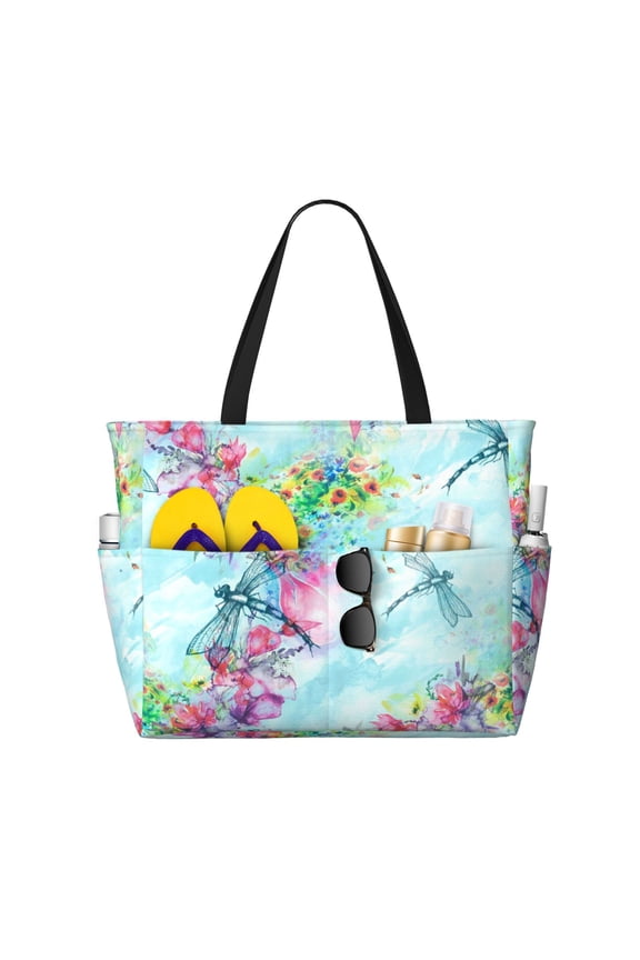 Large Beach Bags Water-resistant Sandproof - Dragonfly Floral Cute Beach Tote Bags for Women with Zipper