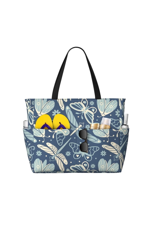 Large Beach Bags Water-resistant Sandproof - Dragonfly Moth Butterfly Cute Beach Tote Bags for Women with Zipper