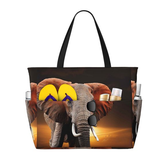 Large Beach Bags Water-resistant Sandproof - Elephant Sunset in Kenya Cute Beach Tote Bags for Women with Zipper