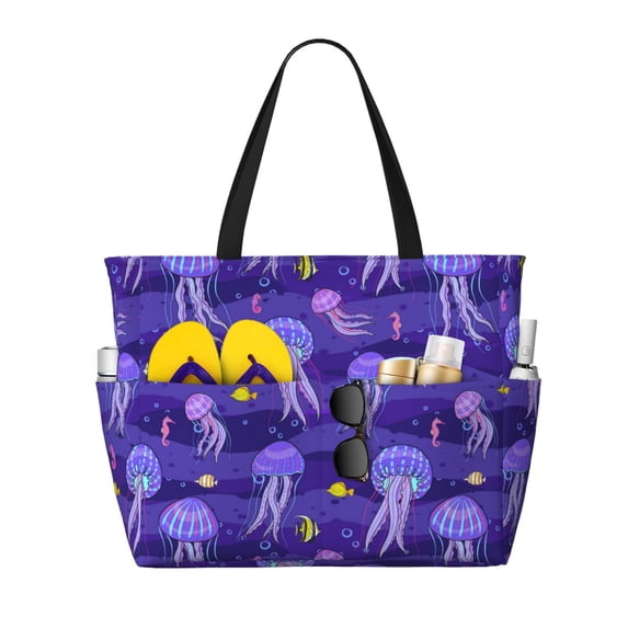 Large Beach Bags Water-resistant Sandproof - Fish Jellyfish Seahorse Purple Cute Beach Tote Bags for Women with Zipper
