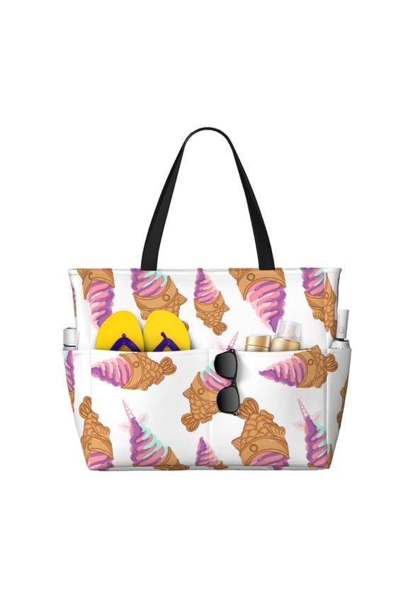 Large Beach Bags Water-resistant Sandproof - Funny Fish Shaped Ice Cream Cute Beach Tote Bags for Women with Zipper