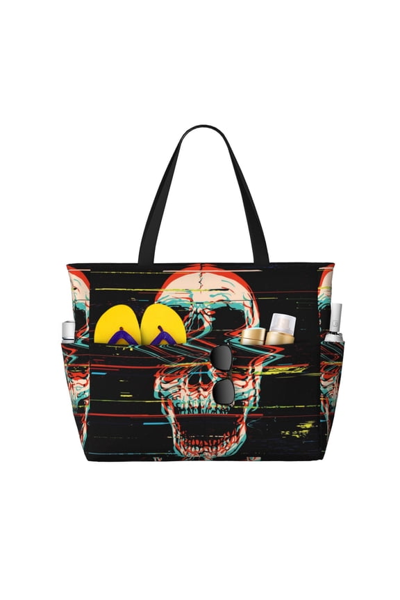 Large Beach Bags Water-resistant Sandproof - Glitch Screaming Skull Cute Beach Tote Bags for Women with Zipper