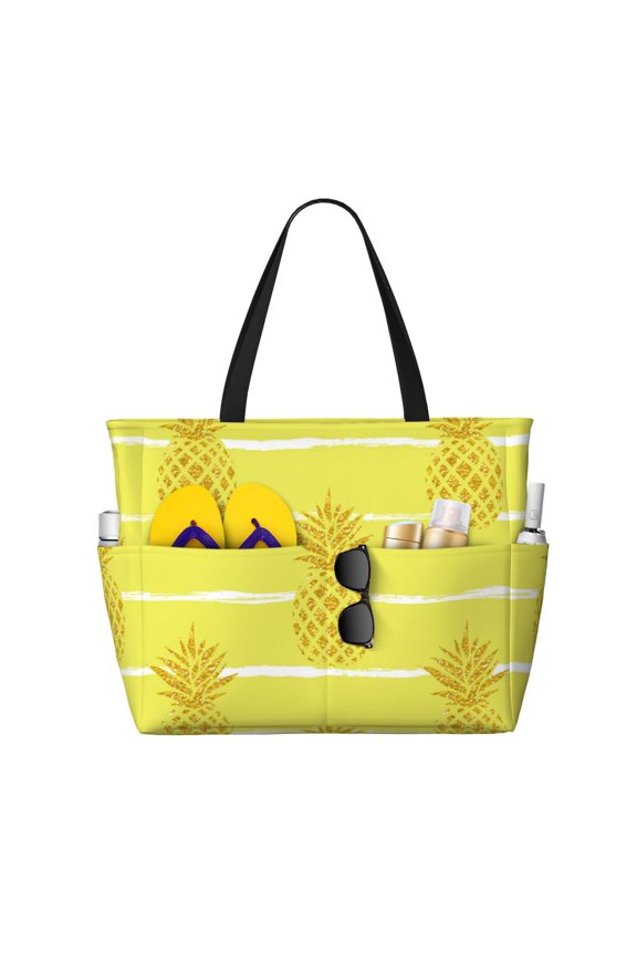 Large Beach Bags Water-resistant Sandproof - Gold Pineapple Cute Beach Tote Bags for Women with Zipper