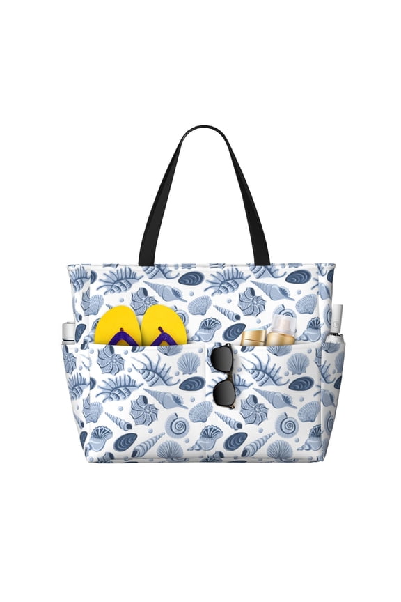 Large Beach Bags Water-resistant Sandproof - Gray Conch Shell Cute Beach Tote Bags for Women with Zipper