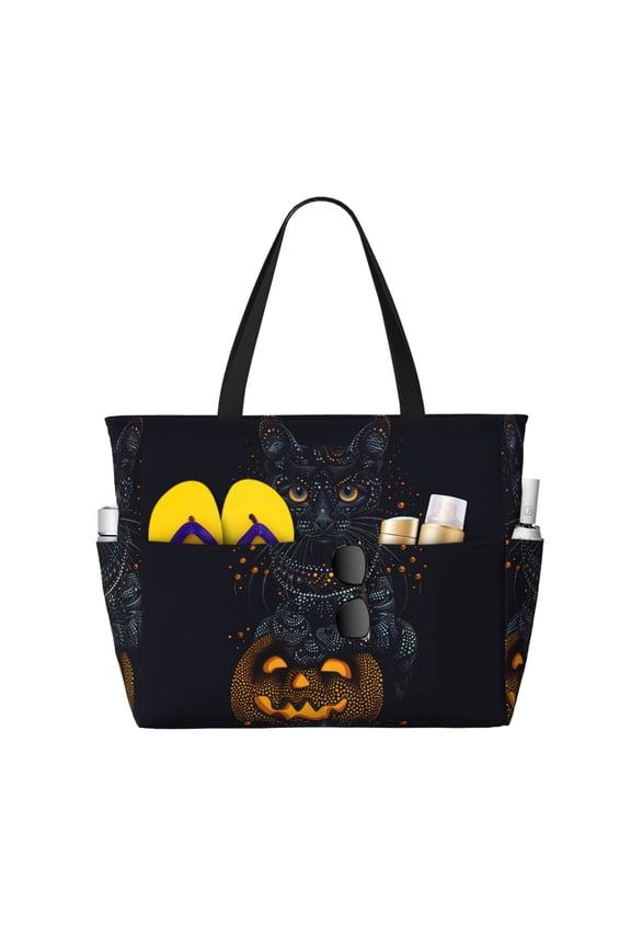 Large Beach Bags Water-resistant Sandproof - Halloween Black Cat Pumpkin Art Cute Beach Tote Bags for Women with Zipper