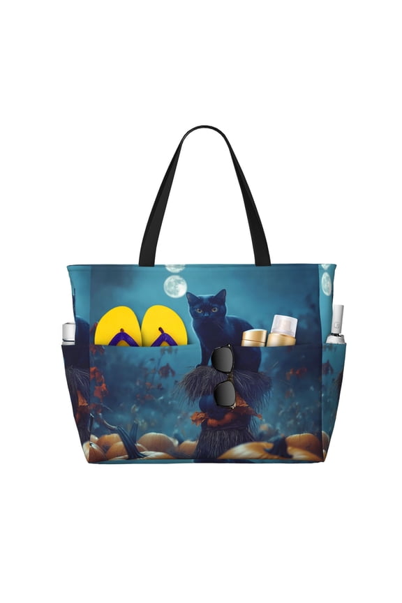 Large Beach Bags Water-resistant Sandproof - Halloween Pumpkin Black Cat Cute Beach Tote Bags for Women with Zipper
