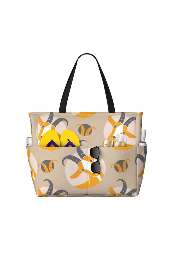 Large Beach Bags Water-resistant Sandproof - Hand Drawn Yellow Cute Goat Cute Beach Tote Bags for Women with Zipper