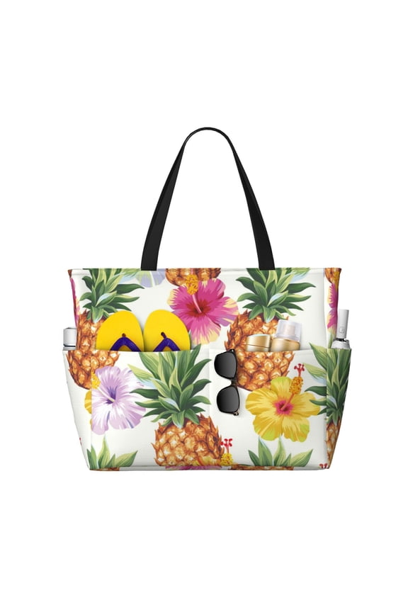 Large Beach Bags Water-resistant Sandproof - Hawaiian Pineapples Cute Beach Tote Bags for Women with Zipper