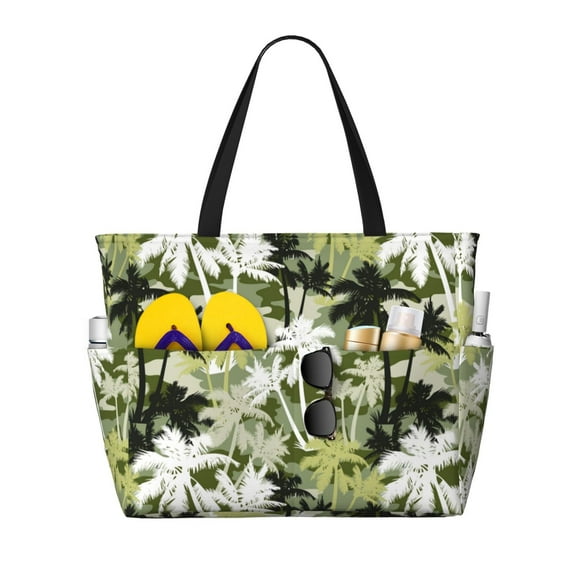 Large Beach Bags Water-resistant Sandproof - Tropical Jungle Camouflage Cute Beach Tote Bags for Women with Zipper