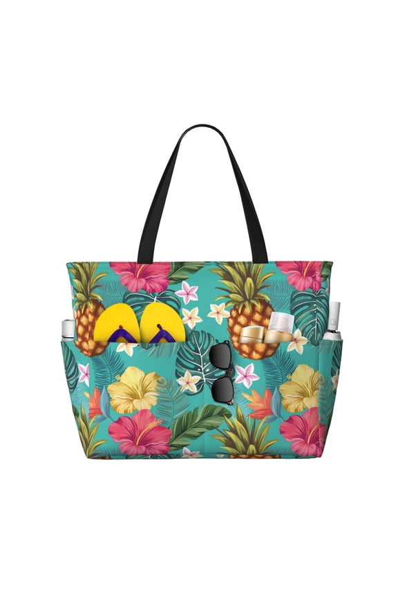 Large Beach Bags Water-resistant Sandproof - Hawaiian Style Pineapple Cute Beach Tote Bags for Women with Zipper