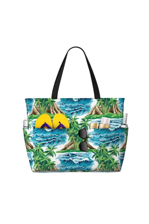 Large Beach Bags Water-resistant Sandproof - Hawaiian Style Waves Cute Beach Tote Bags for Women with Zipper