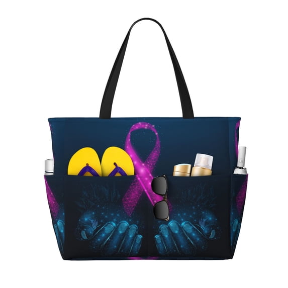 Large Beach Bags Water-resistant Sandproof - Human Hands Holds Pink Ribbon Awareness Cute Beach Tote Bags for Women with Zipper