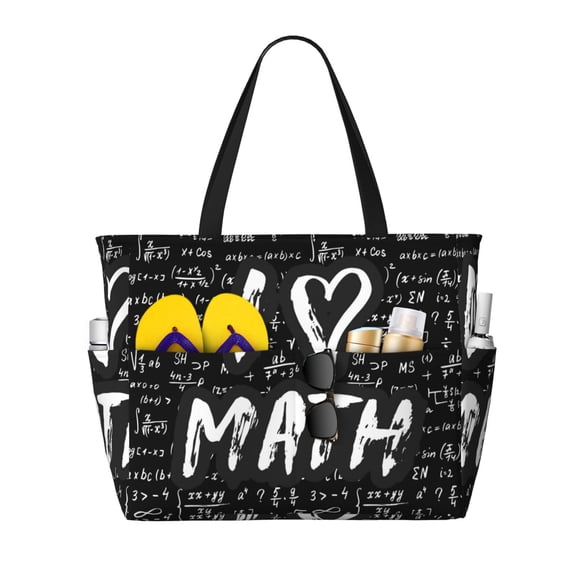 Large Beach Bags Water-resistant Sandproof - I love Math Cute Beach Tote Bags for Women with Zipper