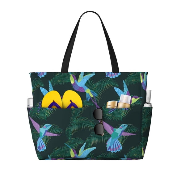 Large Beach Bags Water-resistant Sandproof - Leafy Hummingbird Cute Beach Tote Bags for Women with Zipper