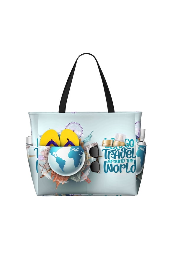 Large Beach Bags Water-resistant Sandproof - Let's go Travel Around the World Cute Beach Tote Bags for Women with Zipper