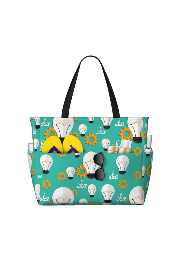 Large Beach Bags Water-resistant Sandproof - Light Bulb Pattern gear Cute Beach Tote Bags for Women with Zipper