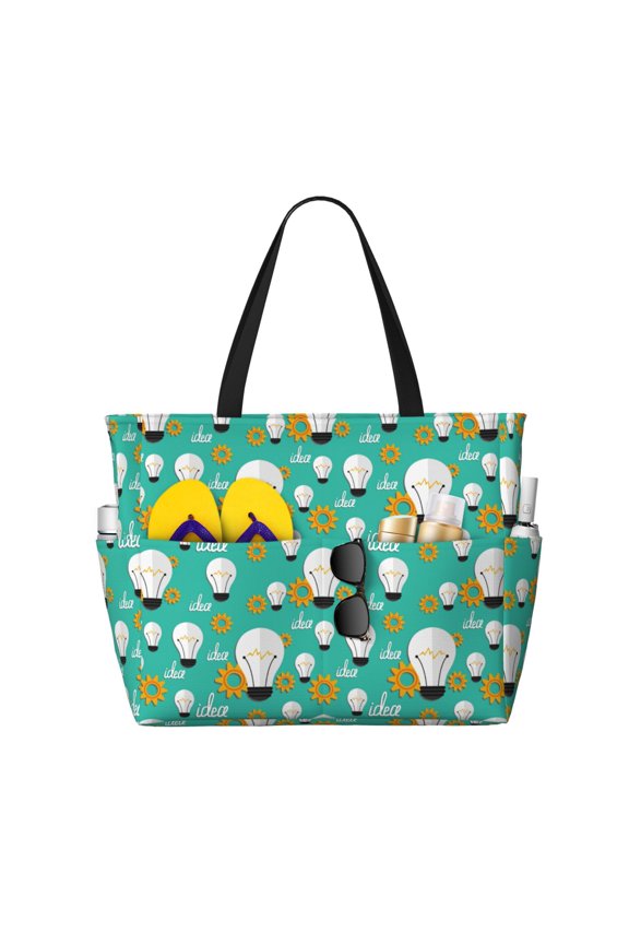 Large Beach Bags Water-resistant Sandproof - Light Bulb Pattern gear Cute Beach Tote Bags for Women with Zipper