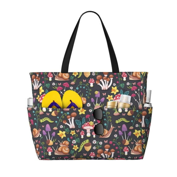 Large Beach Bags Water-resistant Sandproof - Mushrooms Snails Butterflies Cute Beach Tote Bags for Women with Zipper