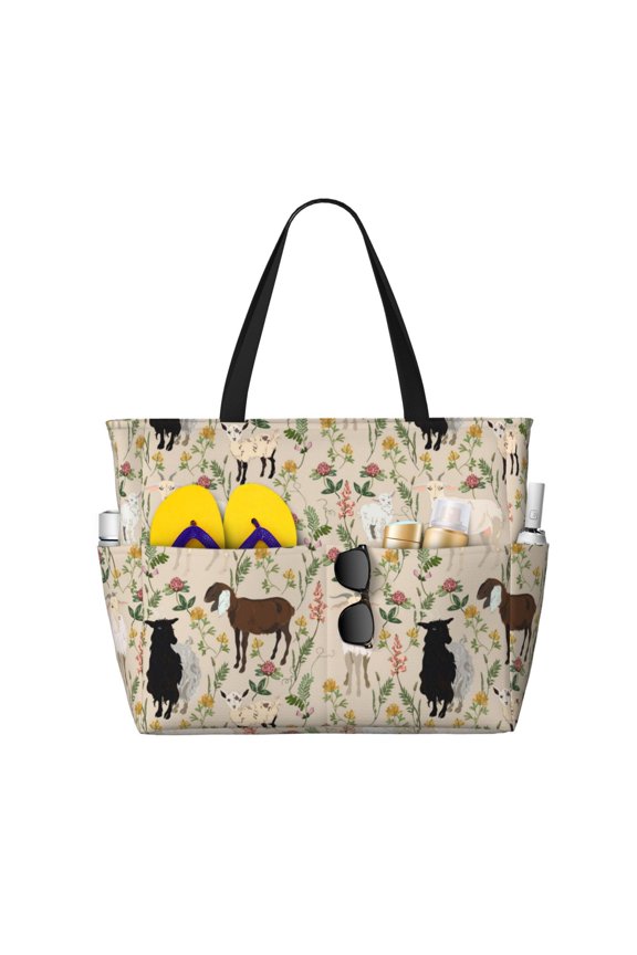 Large Beach Bags Water-resistant Sandproof - Painted Cute Goat Flower Cute Beach Tote Bags for Women with Zipper