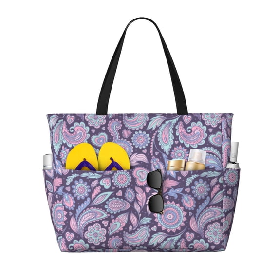 Large Beach Bags Water-resistant Sandproof - Paisley Print No.J91 Cute Beach Tote Bags for Women with Zipper