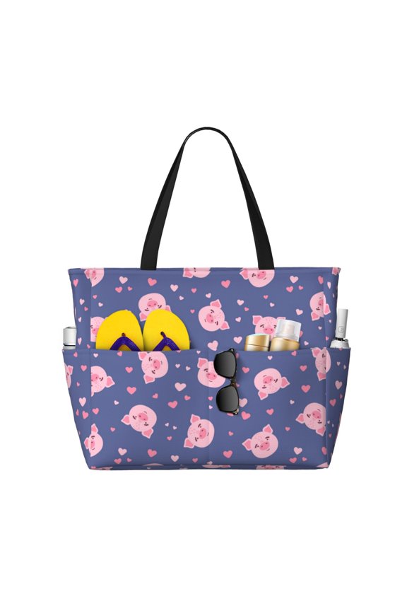 Large Beach Bags Water-resistant Sandproof - Pink Love Cute Pig Cute Beach Tote Bags for Women with Zipper