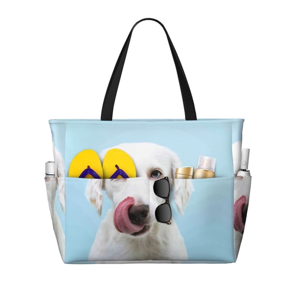 Large Beach Bags Water-resistant Sandproof - Puppy Licks Nose Cute Beach Tote Bags for Women with Zipper