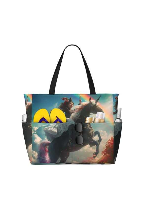 Large Beach Bags Water-resistant Sandproof - Rainbow Horse with Female Knight Cute Beach Tote Bags for Women with Zipper