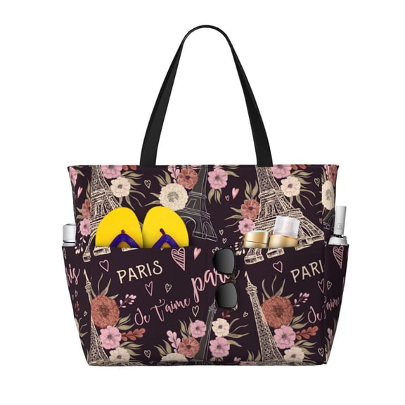 Large Beach Bags Water-resistant Sandproof - Romantic Paris Cute Beach Tote Bags for Women with Zipper