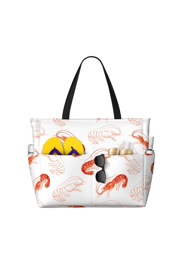 Large Beach Bags Water-resistant Sandproof - Shrimp No.9039 Cute Beach Tote Bags for Women with Zipper