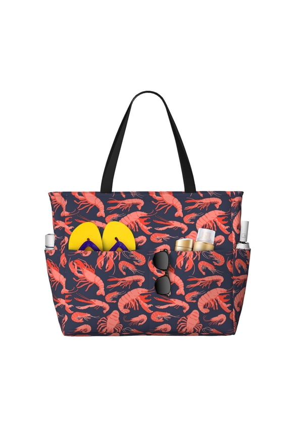 Large Beach Bags Water-resistant Sandproof - Shrimp No.9043 Cute Beach Tote Bags for Women with Zipper