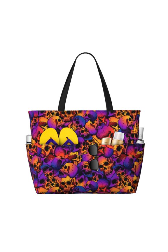 Large Beach Bags Water-resistant Sandproof - Skull Print P Cute Beach Tote Bags for Women with Zipper