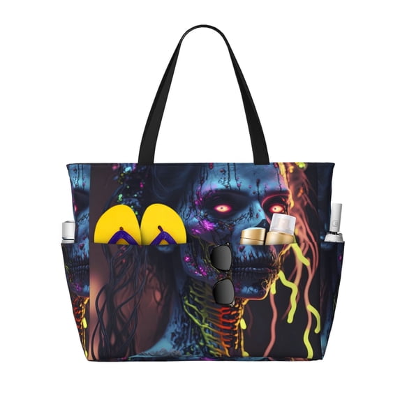 Large Beach Bags Water-resistant Sandproof - Skull Witch Cute Beach Tote Bags for Women with Zipper