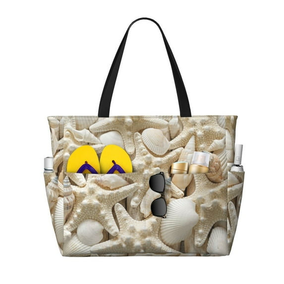 Large Beach Bags Water-resistant Sandproof - Starfish and Sea Shells Cute Beach Tote Bags for Women with Zipper