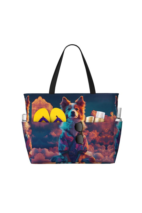 Large Beach Bags Water-resistant Sandproof - Starry Sky White Cloud Puppy Cute Beach Tote Bags for Women with Zipper