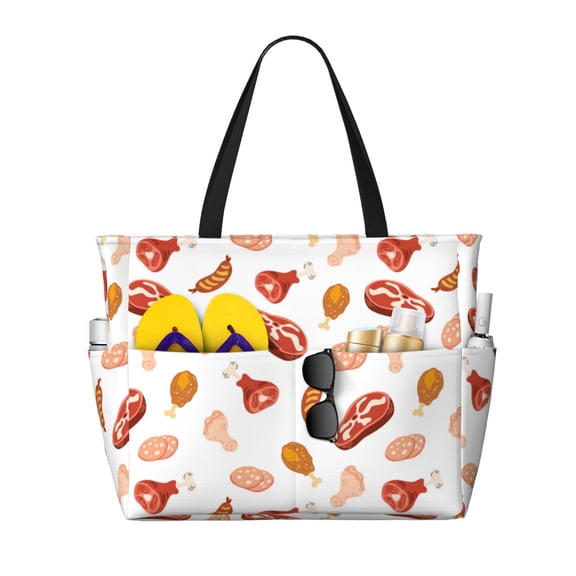 Large Beach Bags Water-resistant Sandproof - Steak Hot Dog Chicken Leg Print Cute Beach Tote Bags for Women with Zipper