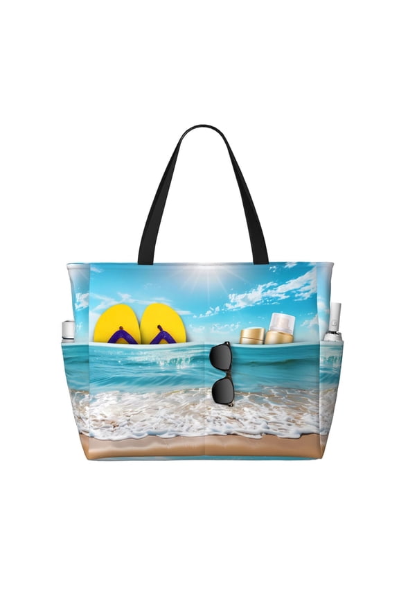 Large Beach Bags Water-resistant Sandproof - Sunny Ocean Waves Cute Beach Tote Bags for Women with Zipper