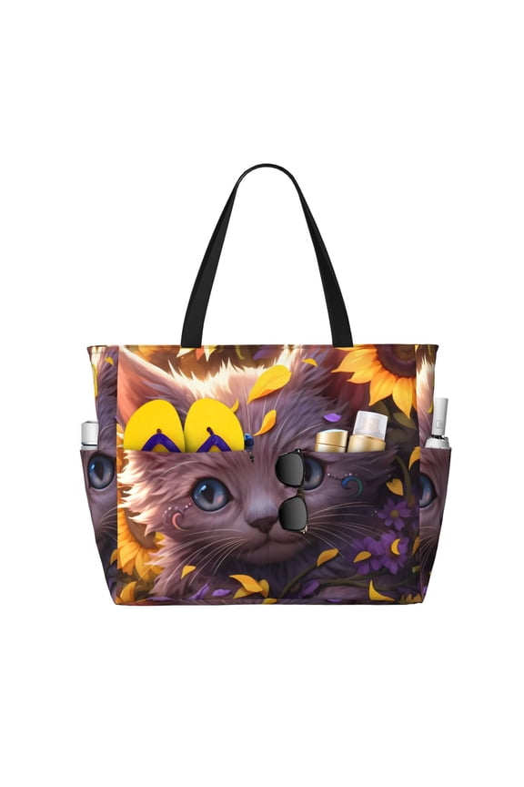 Large Beach Bags Water-resistant Sandproof - Sunshine Cute Cat Sunflower Cute Beach Tote Bags for Women with Zipper