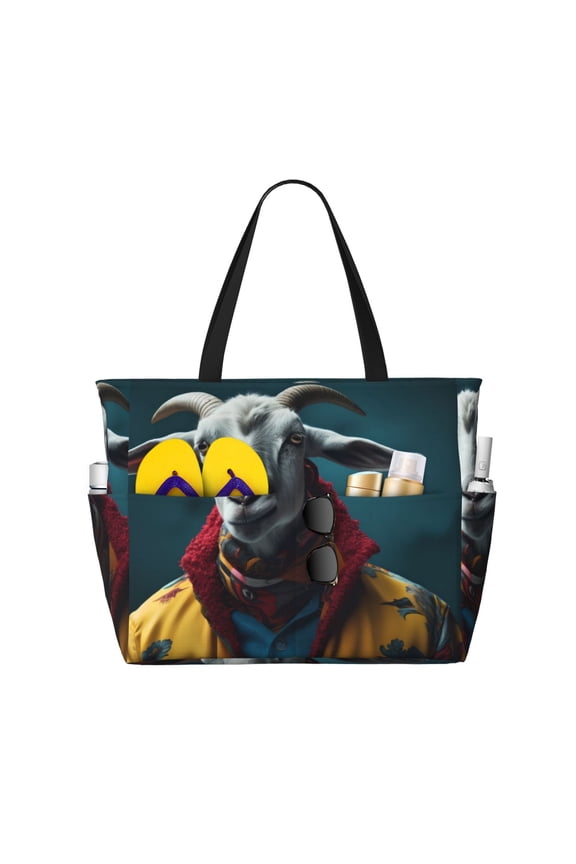 Large Beach Bags Water-resistant Sandproof - Surrealist Goat Cute Beach Tote Bags for Women with Zipper