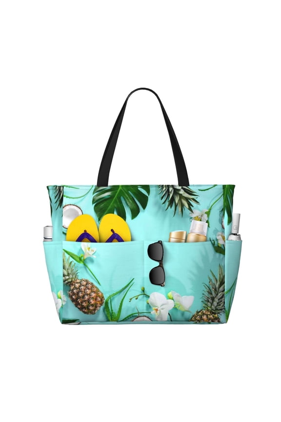 Large Beach Bags Water-resistant Sandproof - Tropical Pineapple summer Cute Beach Tote Bags for Women with Zipper