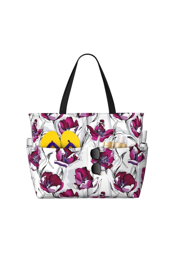 Large Beach Bags Water-resistant Sandproof - Tulips Flowers White Leaves Cute Beach Tote Bags for Women with Zipper