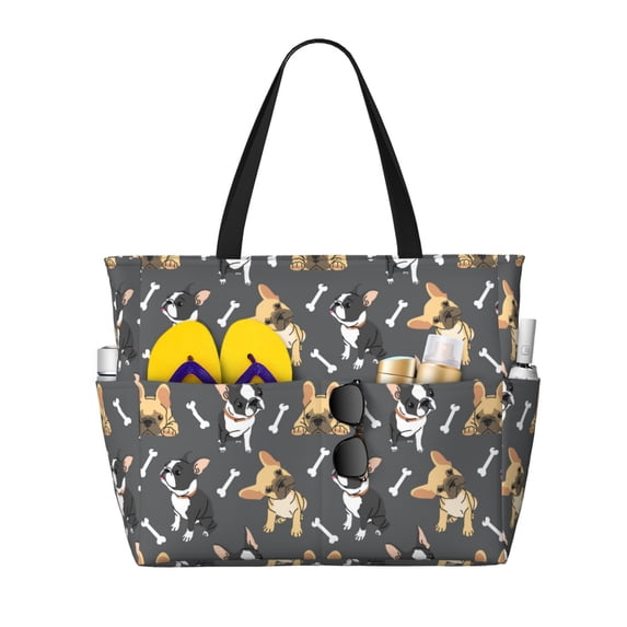 Large Beach Bags Water-resistant Sandproof - Two color french bulldog Cute Beach Tote Bags for Women with Zipper