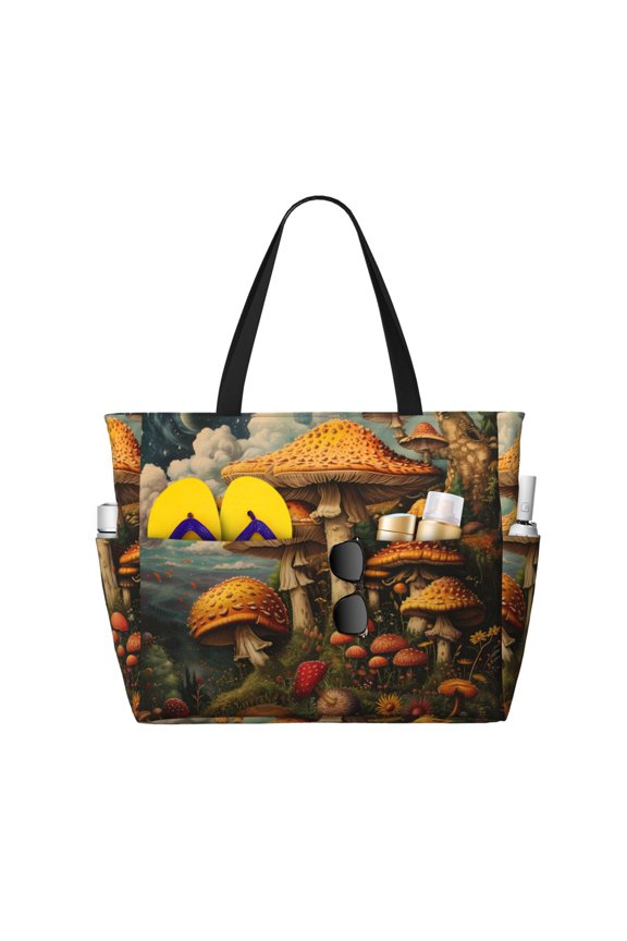 Large Beach Bags Water-resistant Sandproof - Vintage Cloud Mushroom Cute Beach Tote Bags for Women with Zipper
