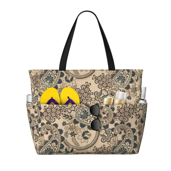 Large Beach Bags Water-resistant Sandproof - Vintage Floral Paisley Cute Beach Tote Bags for Women with Zipper