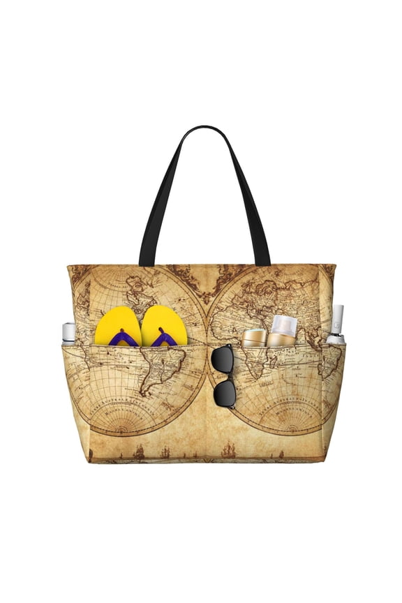 Large Beach Bags Water-resistant Sandproof - Vintage Map Of World Cute Beach Tote Bags for Women with Zipper