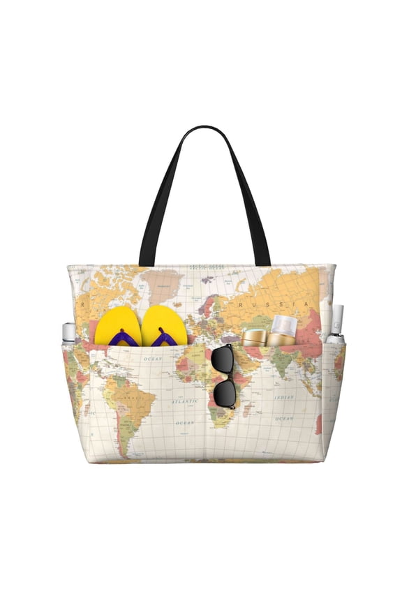 Large Beach Bags Water-resistant Sandproof - Vintage World Map1 Cute Beach Tote Bags for Women with Zipper