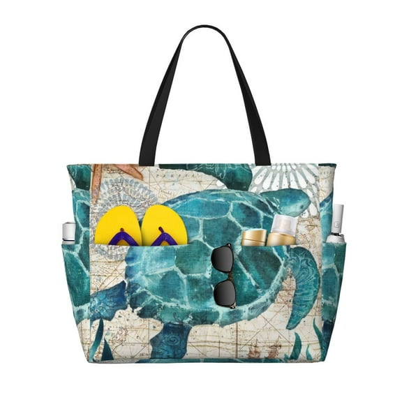 Large Beach Bags Water-resistant Sandproof - Watercolor Sea Turtle Cute Beach Tote Bags for Women with Zipper
