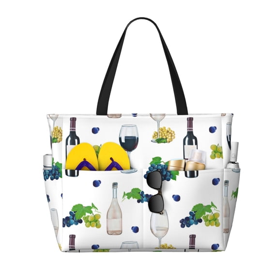 Large Beach Bags Water-resistant Sandproof - Wine Print No.J918 Cute Beach Tote Bags for Women with Zipper
