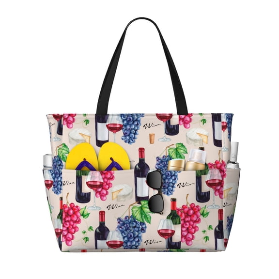 Large Beach Bags Water-resistant Sandproof - Wine Print No.J939 Cute Beach Tote Bags for Women with Zipper