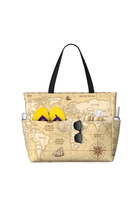 Large Beach Bags Water-resistant Sandproof - World Map Cute Beach Tote Bags for Women with Zipper
